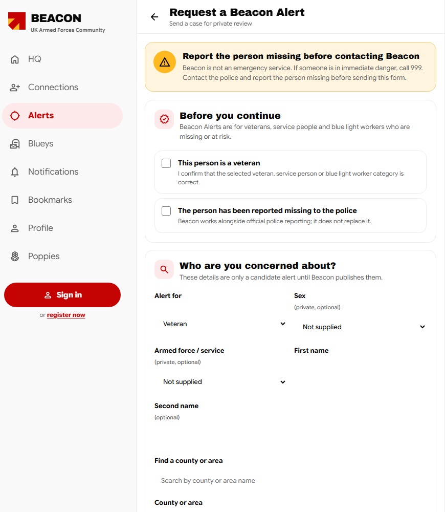 Beacon alert request page explaining private review and police reporting before publication.
