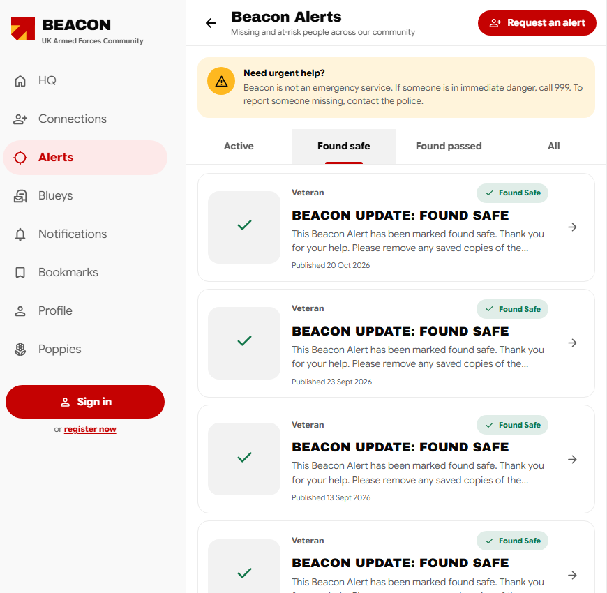 Beacon Alerts with the Found safe filter selected and identifying details removed from resolved notices.