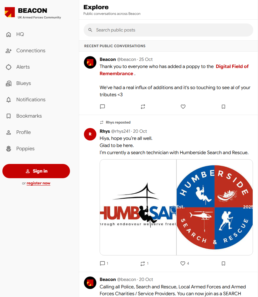 Beacon Explore on desktop, with service-community conversations and the main navigation.
