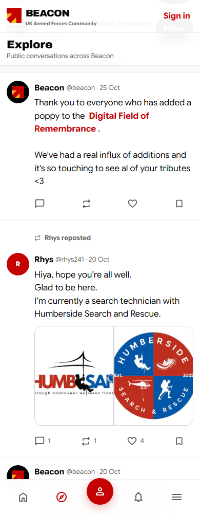 Beacon public conversations displayed in a narrow mobile layout.