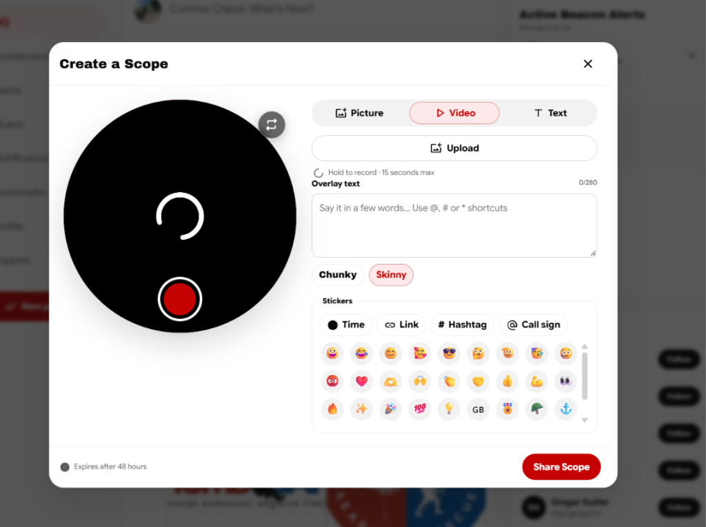 Create a Scope editor with a circular video preview, picture, video and text choices, and overlay stickers.
