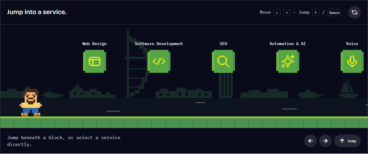 Webmaster in the homepage game beneath selectable service blocks, against a pixel-art Portsmouth skyline.