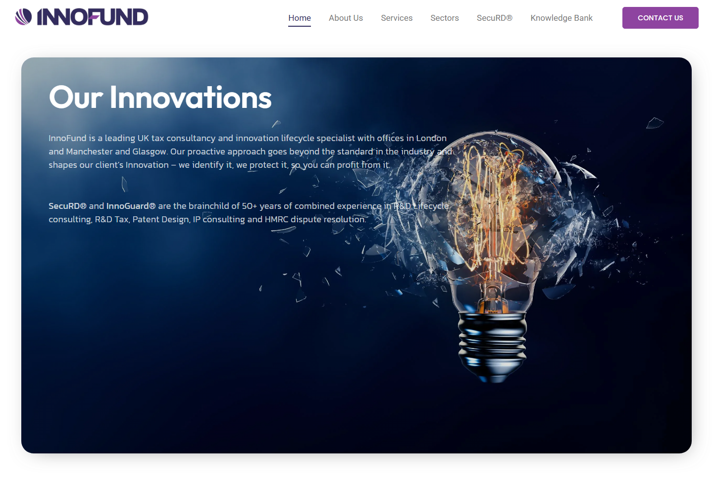 InnoFund’s former homepage with its white header and light-bulb hero, archived 15 November 2025