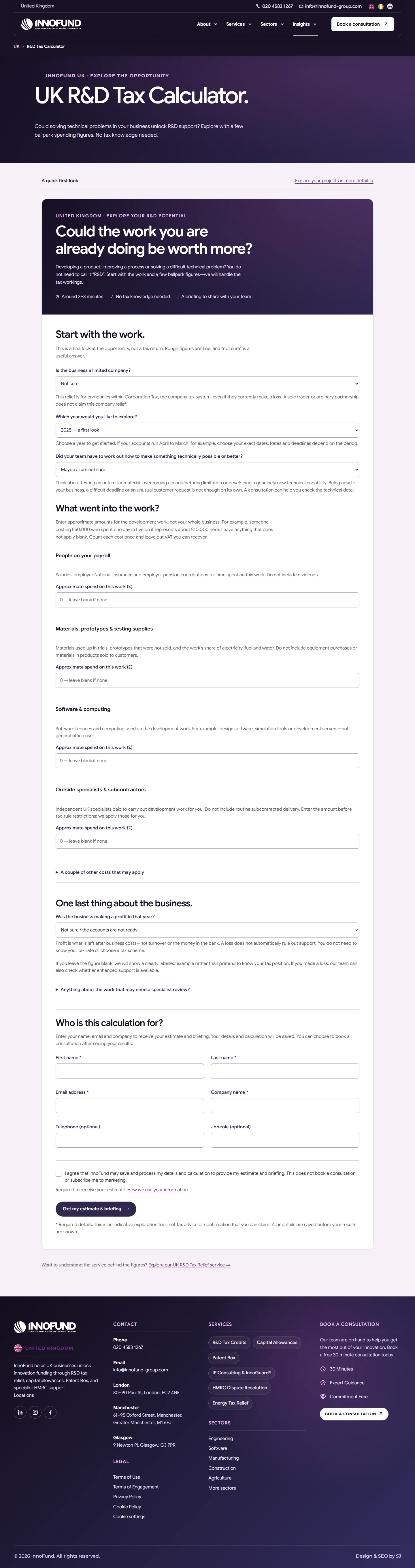 InnoFund R&D tax calculator showing its introductory questions and selectable answers