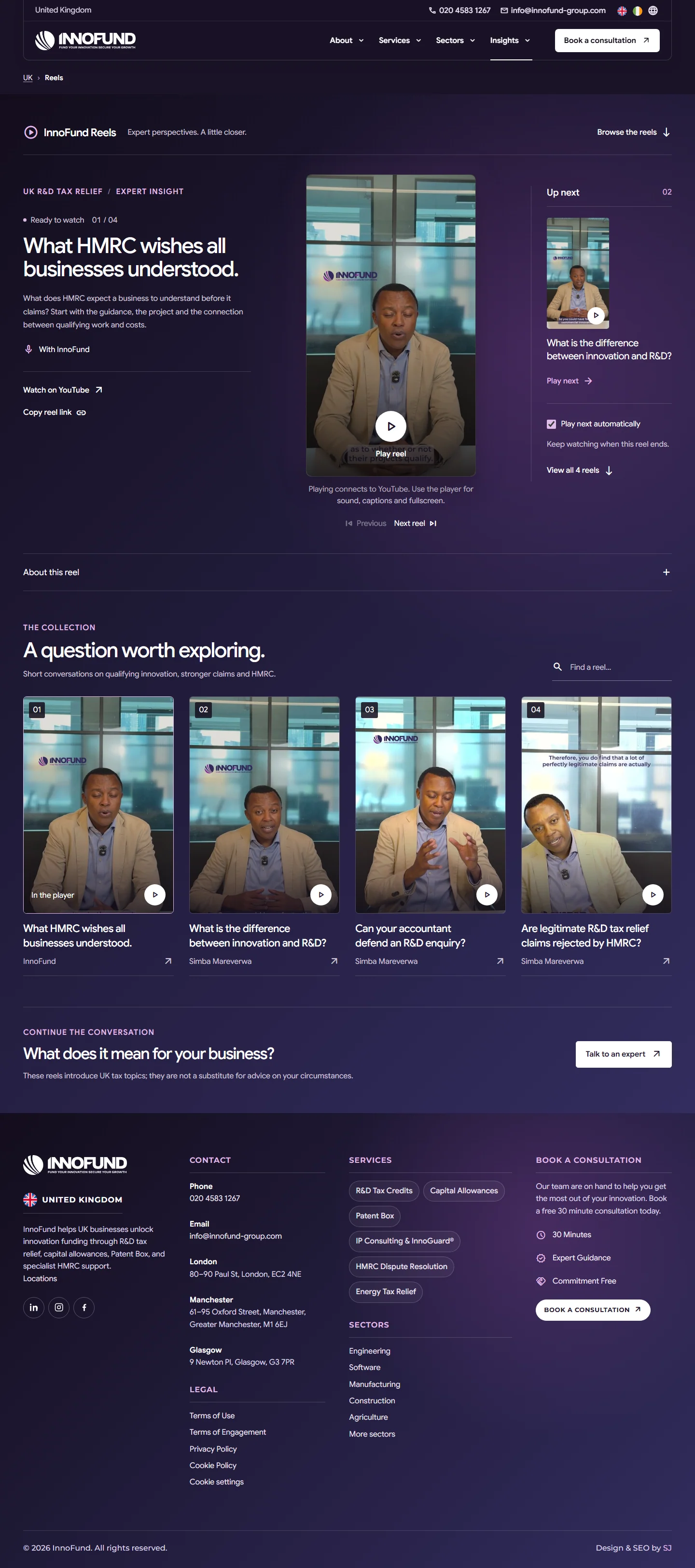 InnoFund Reels video player and navigation for short expert insights