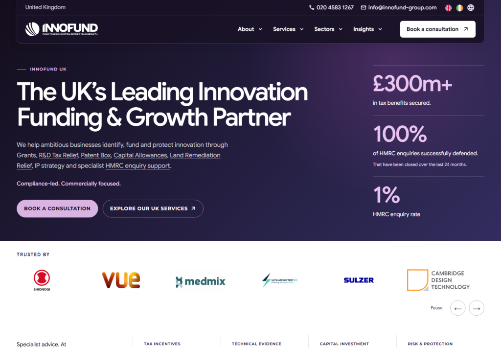 InnoFund UK homepage with its branded navigation, funding message and consultation links