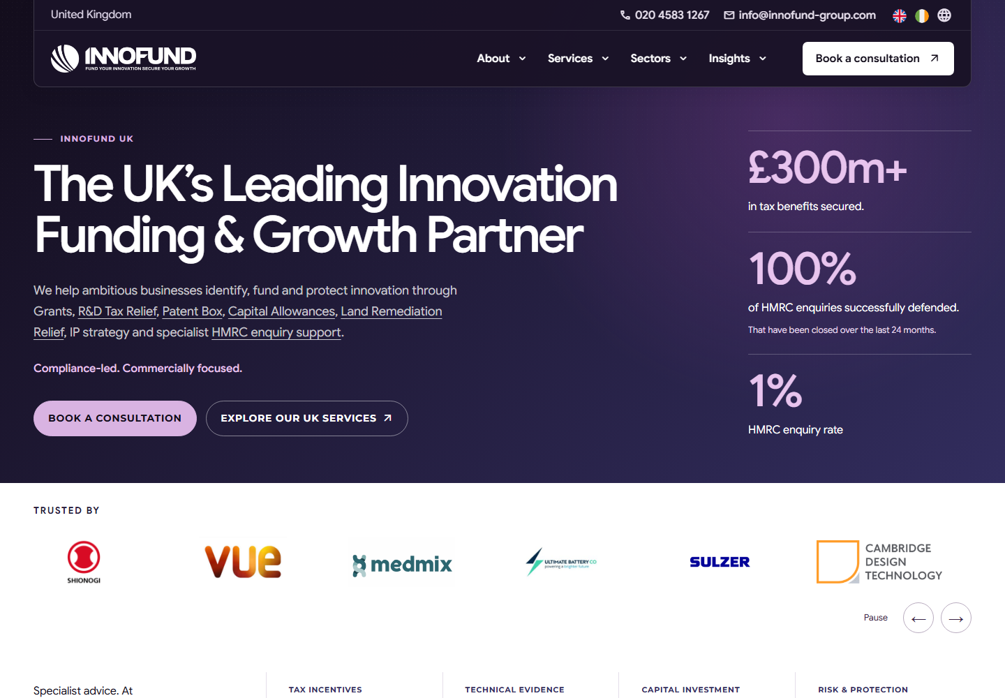 InnoFund UK homepage with its branded navigation, funding message and consultation links