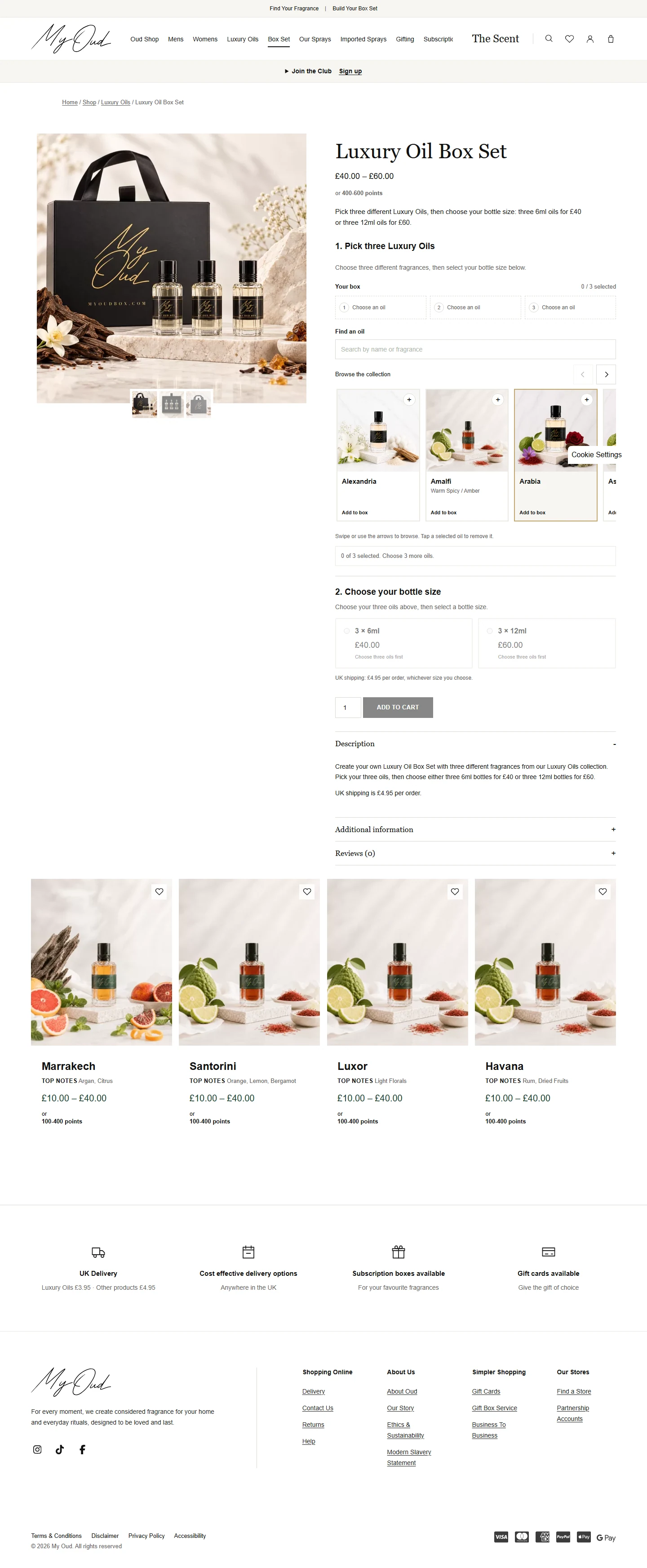 My Oud Box Luxury Oil Box Set page with the custom three-fragrance selection interface.