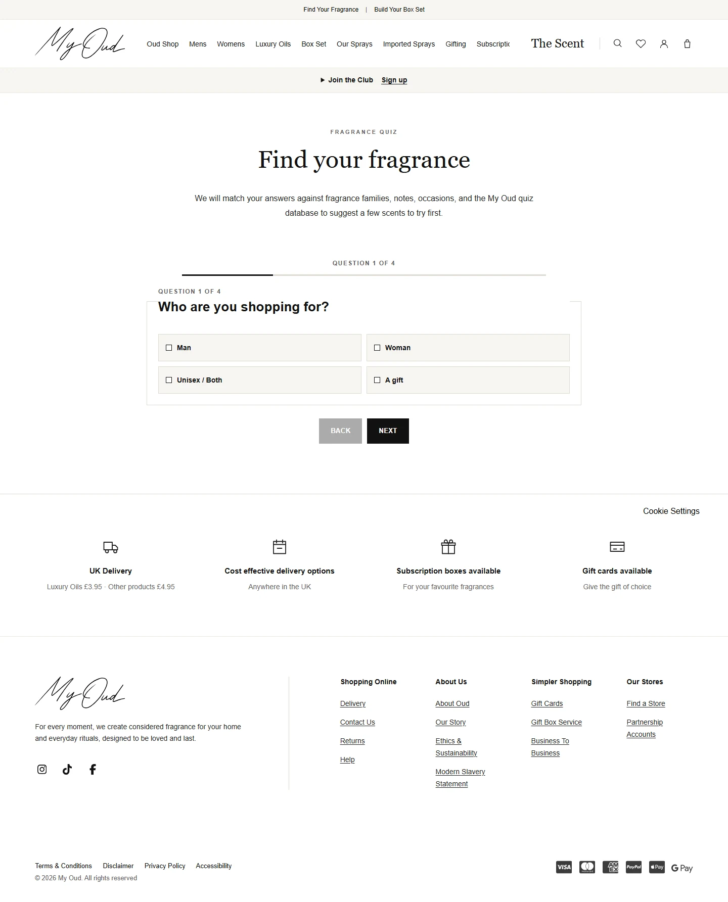 My Oud Box Find Your Fragrance quiz showing the first question and fragrance shopping options.