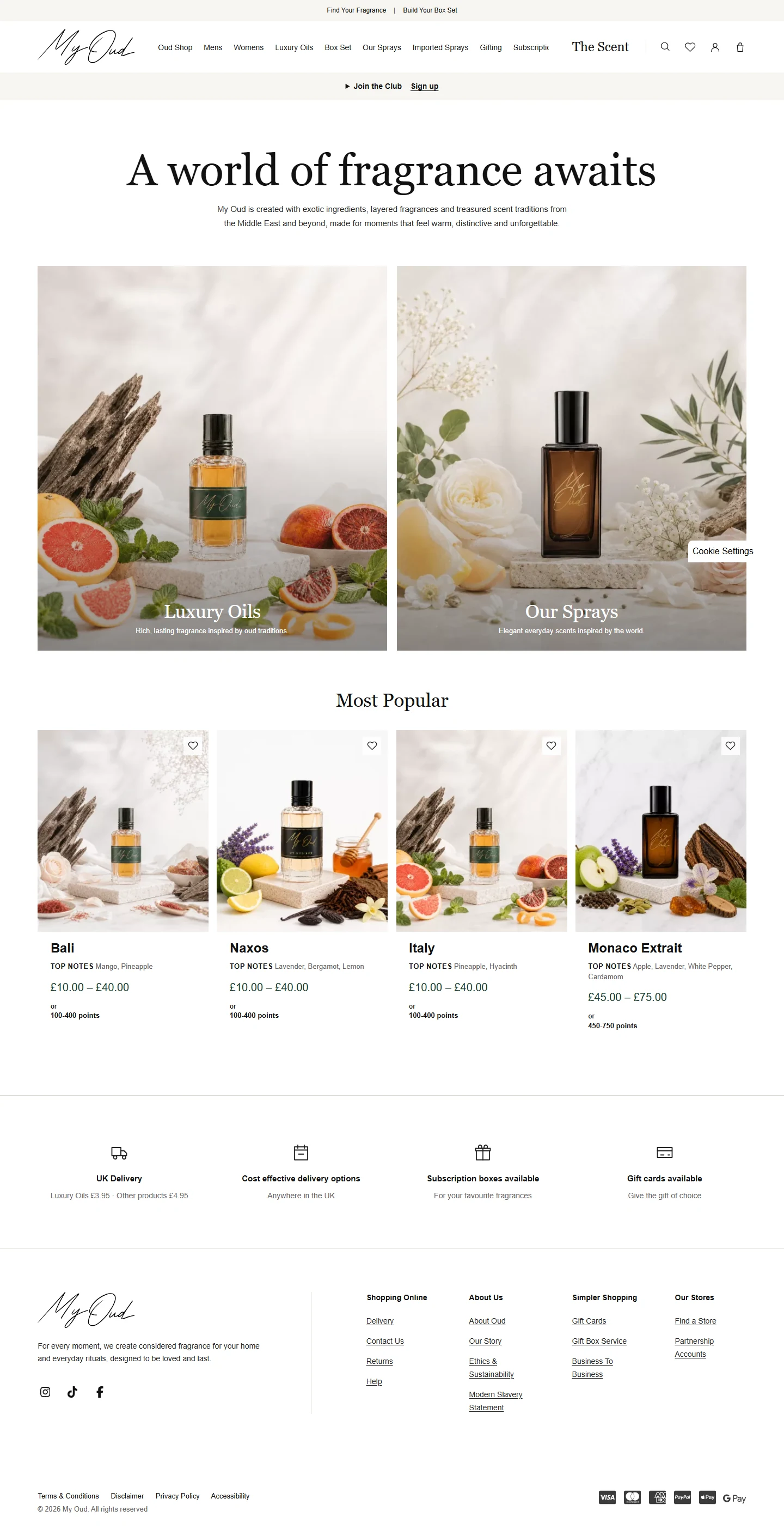 My Oud Box home page with the signature-style logo and ingredient-led fragrance imagery.
