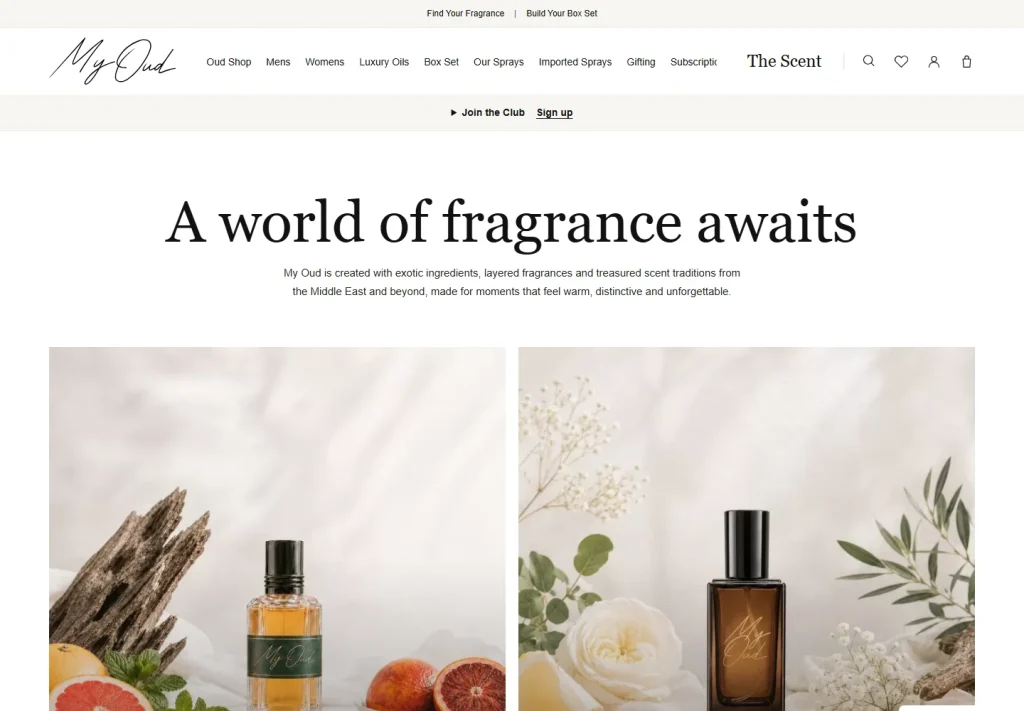 My Oud Box home page with the signature-style logo and ingredient-led fragrance imagery.