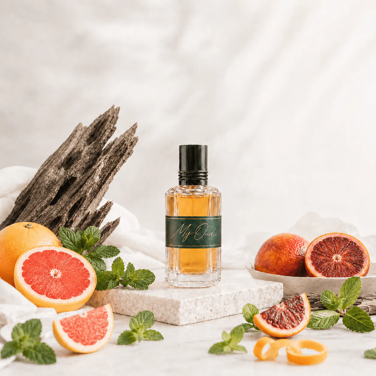 My Oud fragrance oil bottle surrounded by citrus fruit, mint and oud wood.