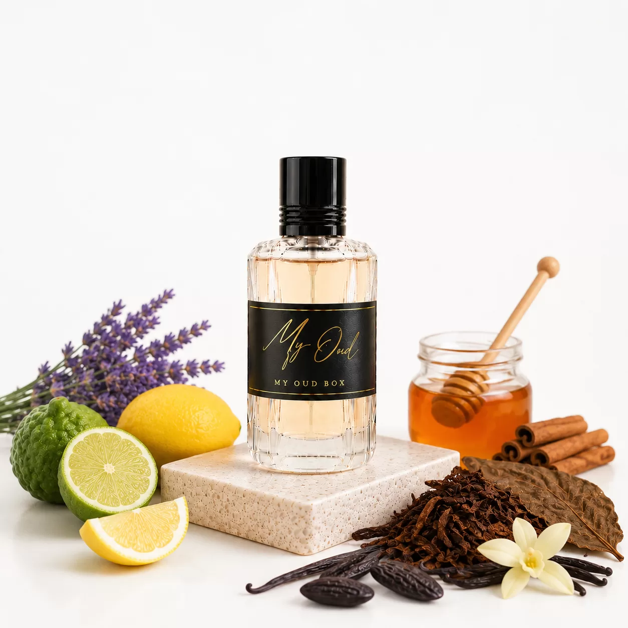 My Oud fragrance bottle arranged with lavender, lemon, honey and vanilla.