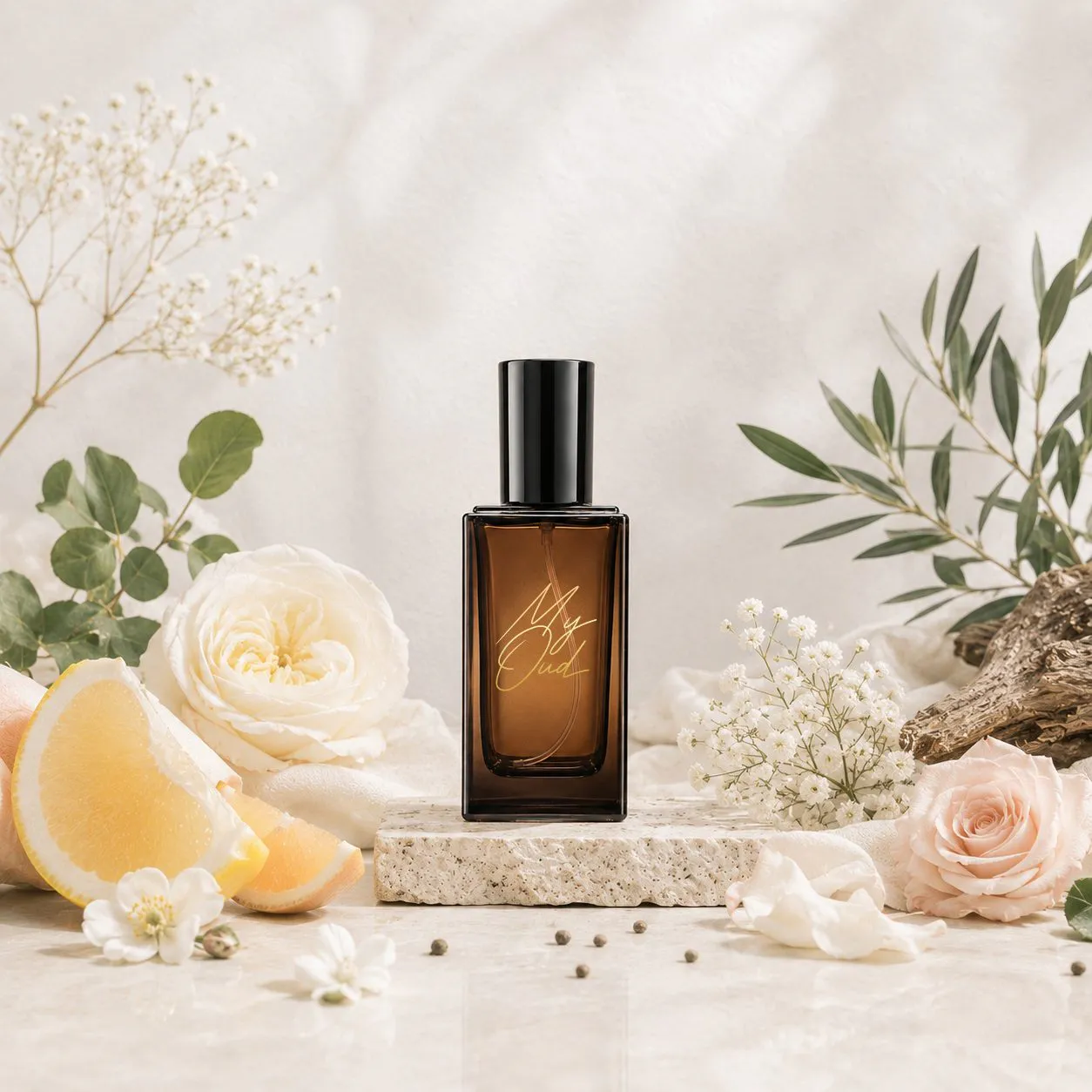 My Oud fragrance spray presented with pale roses, citrus fruit and green foliage.