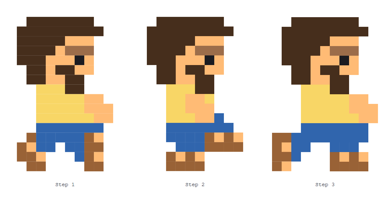 Three original Affinity Designer walking poses for Webmaster, labelled Step 1, Step 2 and Step 3.